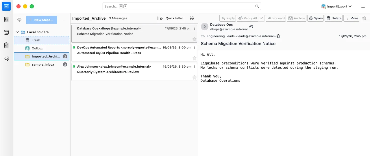 Mozilla Thunderbird Local Folders showing successfully imported sample mbox archive with message list and preview pane