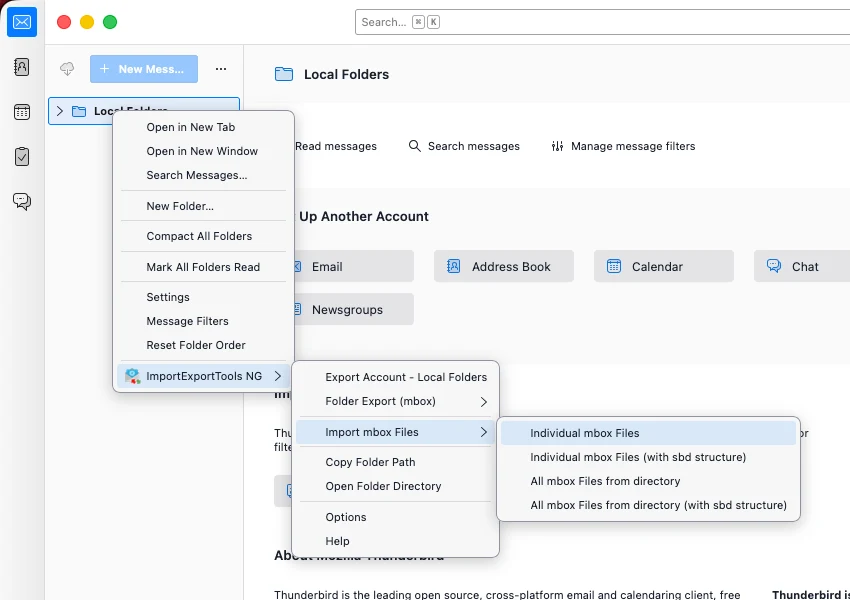 Mozilla Thunderbird ImportExportTools NG menu showing Local Folders right-click navigation to Import mbox Files and Individual mbox Files