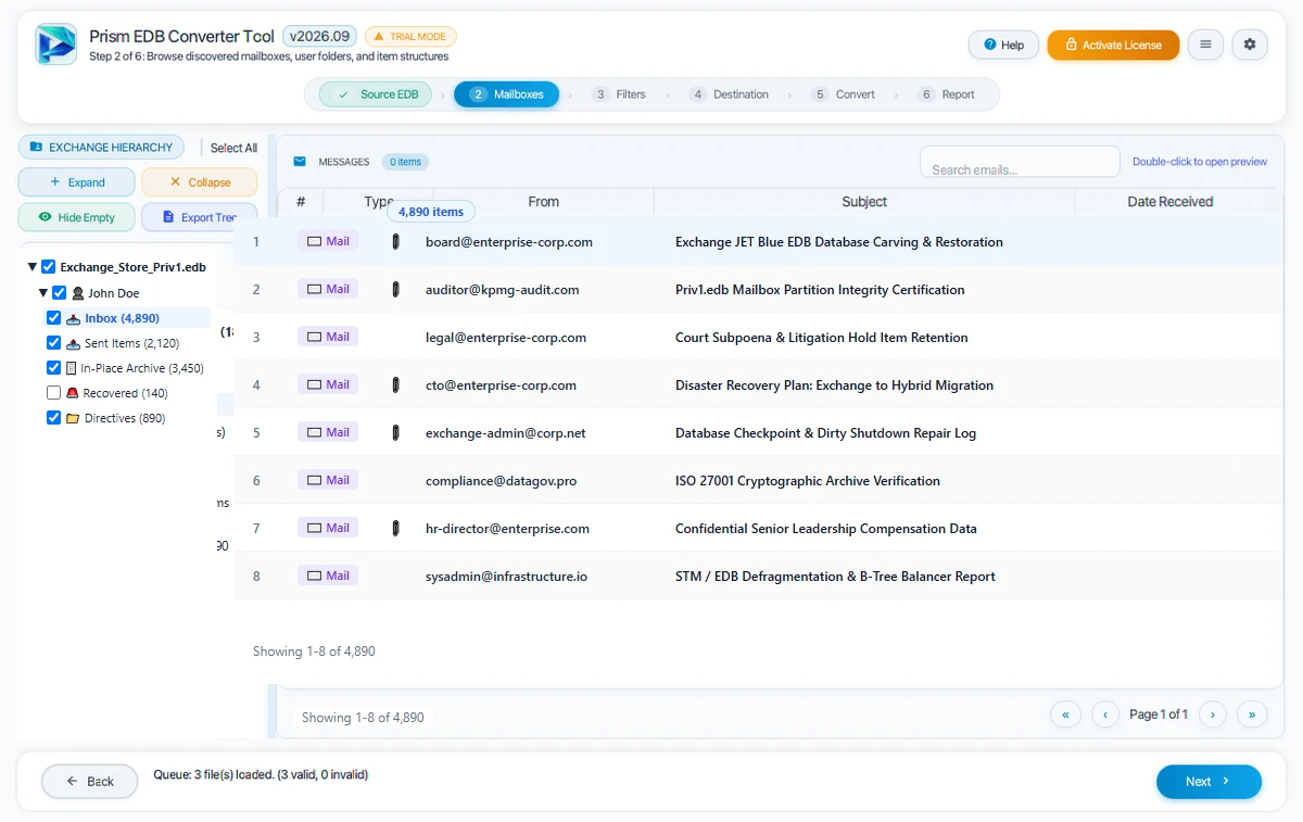 Step 02: Preview Folders & Emails — EDB Converter Tool Interface Walkthrough
