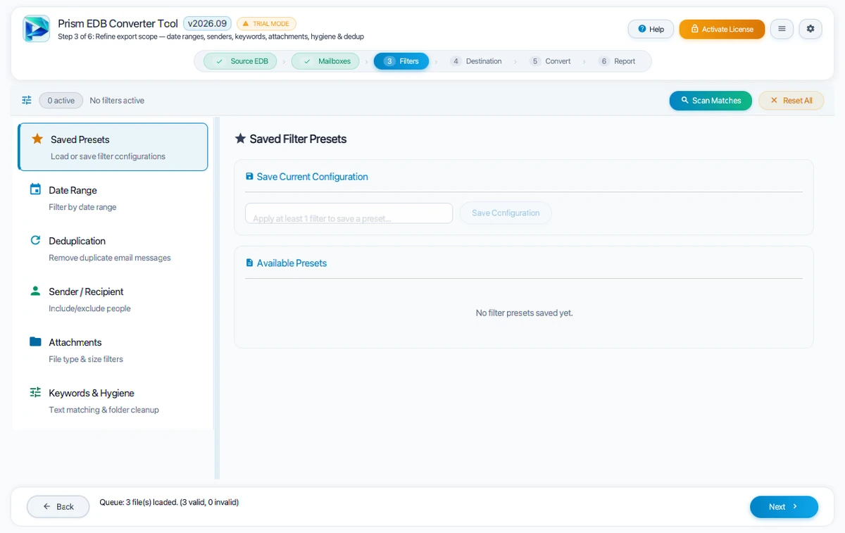 Step 03: Apply Optional Filters — EDB Converter Tool Interface Walkthrough