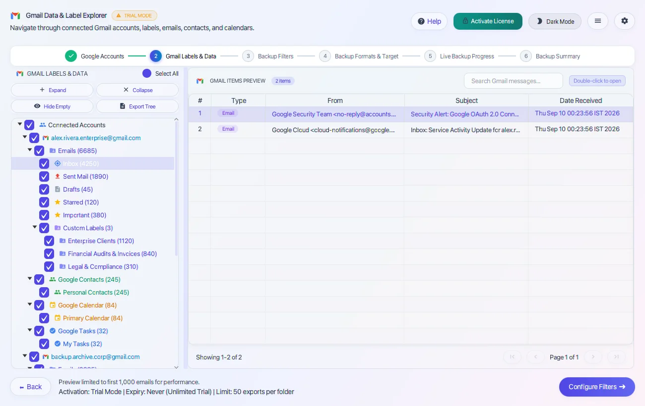 Step 02: Select Mailbox Folders — Gmail Backup Tool Interface Walkthrough