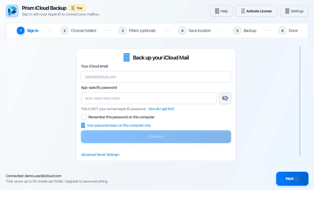 Step 01: Sign In to iCloud Mail — iCloud Backup Tool Interface Walkthrough