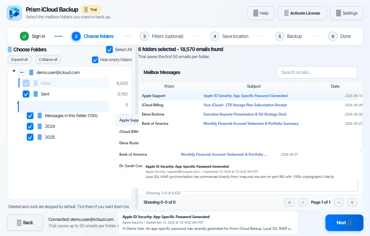 Step 02: Select Mailbox Folders — iCloud Backup Tool Interface Walkthrough