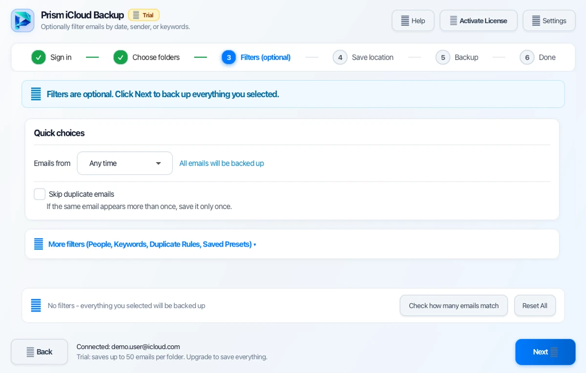 Step 03: Apply Optional Filters — iCloud Backup Tool Interface Walkthrough