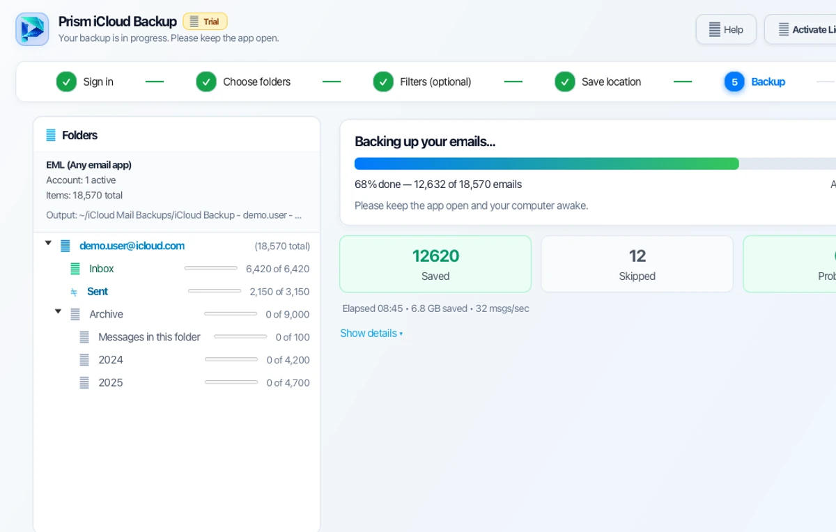 Step 05: Download & Backup Mailbox — iCloud Backup Tool Interface Walkthrough