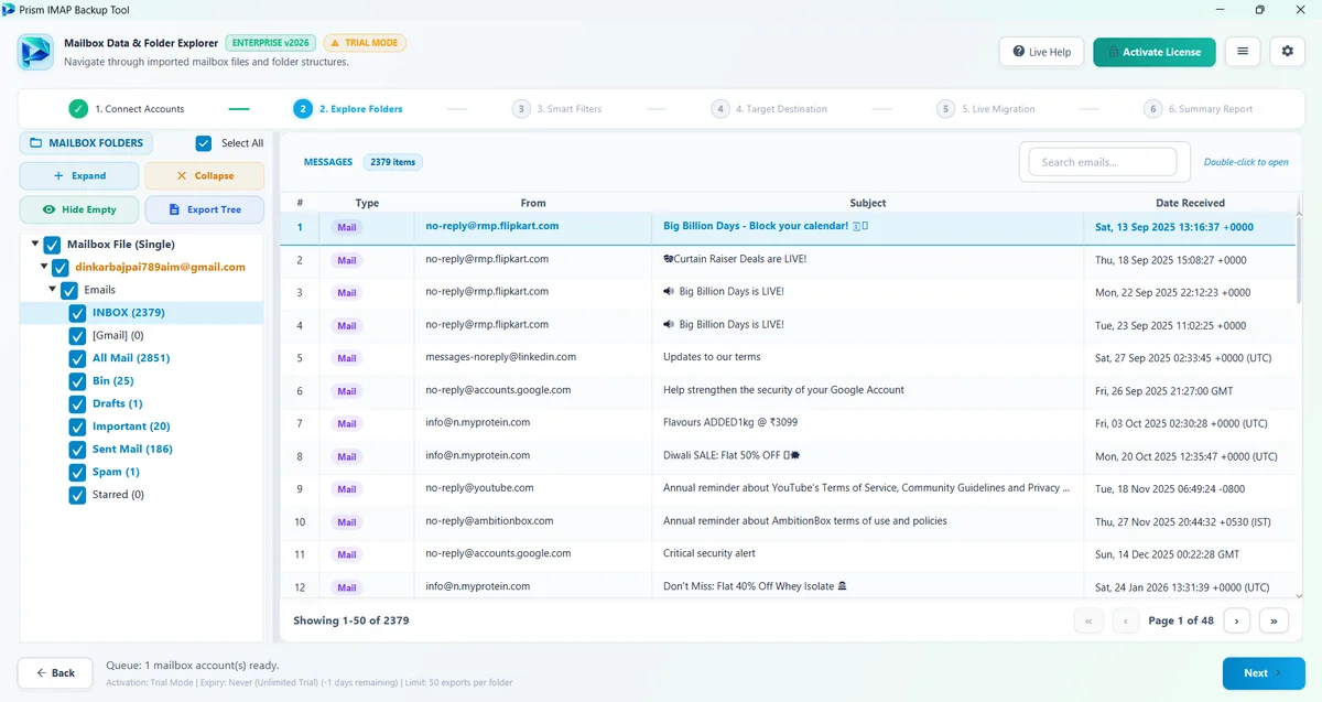 Step 02: Select Mailbox Folders — IMAP Backup Tool Interface Walkthrough