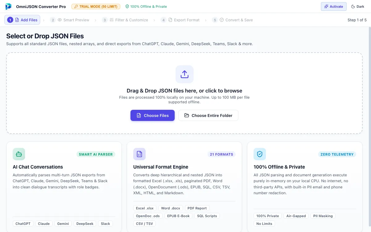 Step 01: Add JSON Files or Folder — JSON Converter Tool Interface Walkthrough