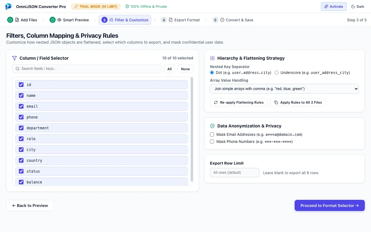 Step 03: Filter Fields & Toggle PII Masking — JSON Converter Tool Interface Walkthrough