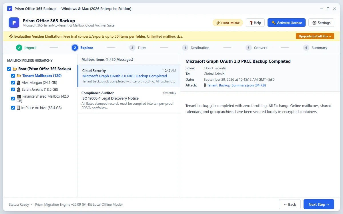 Step 02: Select Mailbox Folders — Office 365 Backup Tool Interface Walkthrough