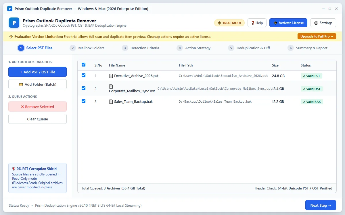 Step 01: Select Outlook Data Files — Outlook Duplicate Remover Interface Walkthrough