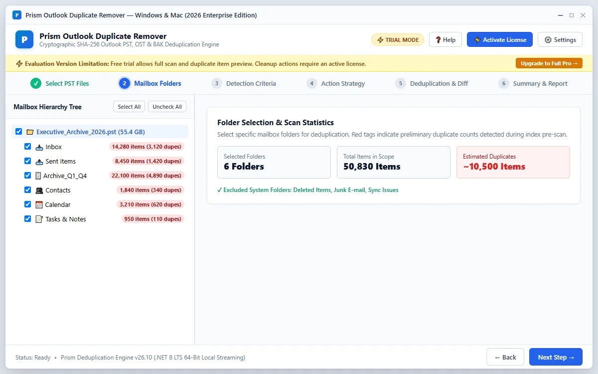 Step 02: Mailbox Folders & Categories — Outlook Duplicate Remover Interface Walkthrough