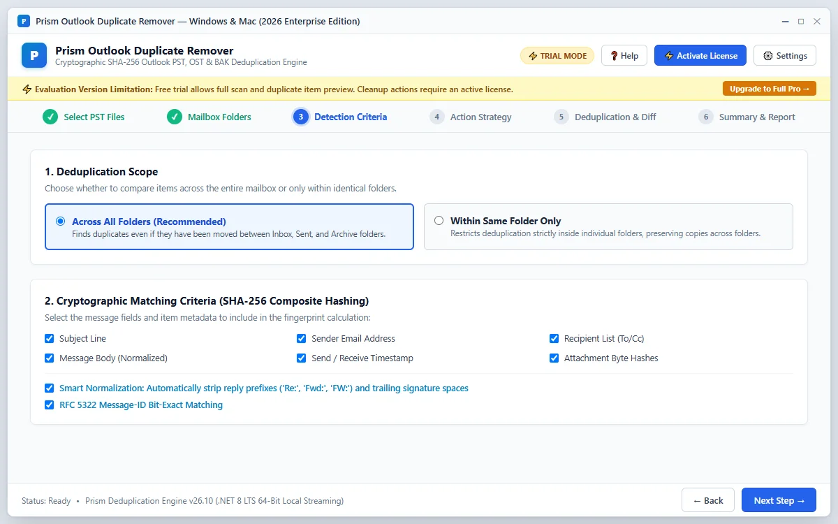 Step 03: Detection Criteria — Outlook Duplicate Remover Interface Walkthrough