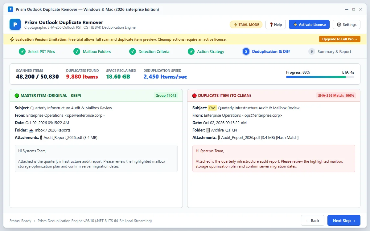 Step 05: Deduplication & Diff — Outlook Duplicate Remover Interface Walkthrough