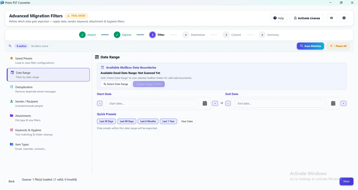 2. Date Range — PST Converter Tool Filter & Hygiene Engine