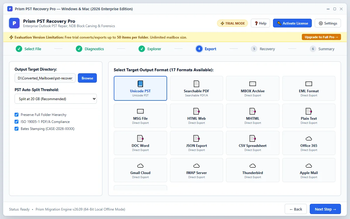 Step 04: Choose Output Format — PST Recovery Tool Interface Walkthrough