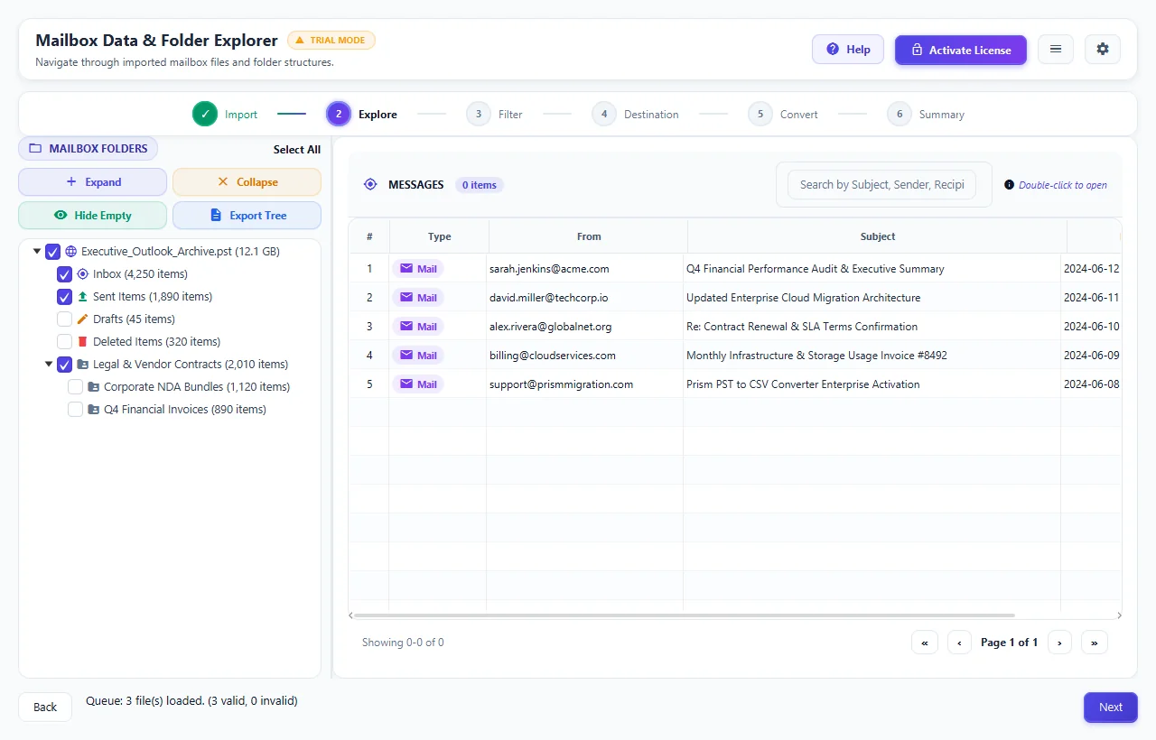 Step 02: Preview Folders & Emails — PST to CSV Converter Interface Walkthrough