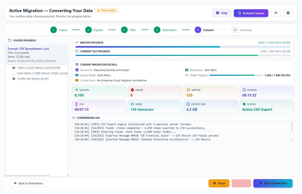 Step 05: Start Conversion — PST to CSV Converter Interface Walkthrough