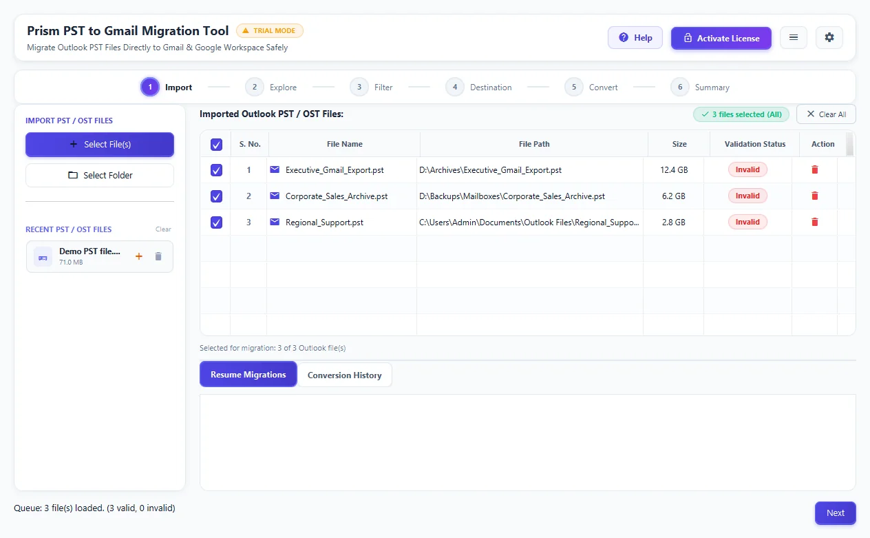 Step 01: Add Gmail Files or Folder — PST to Gmail Migration Tool Interface Walkthrough