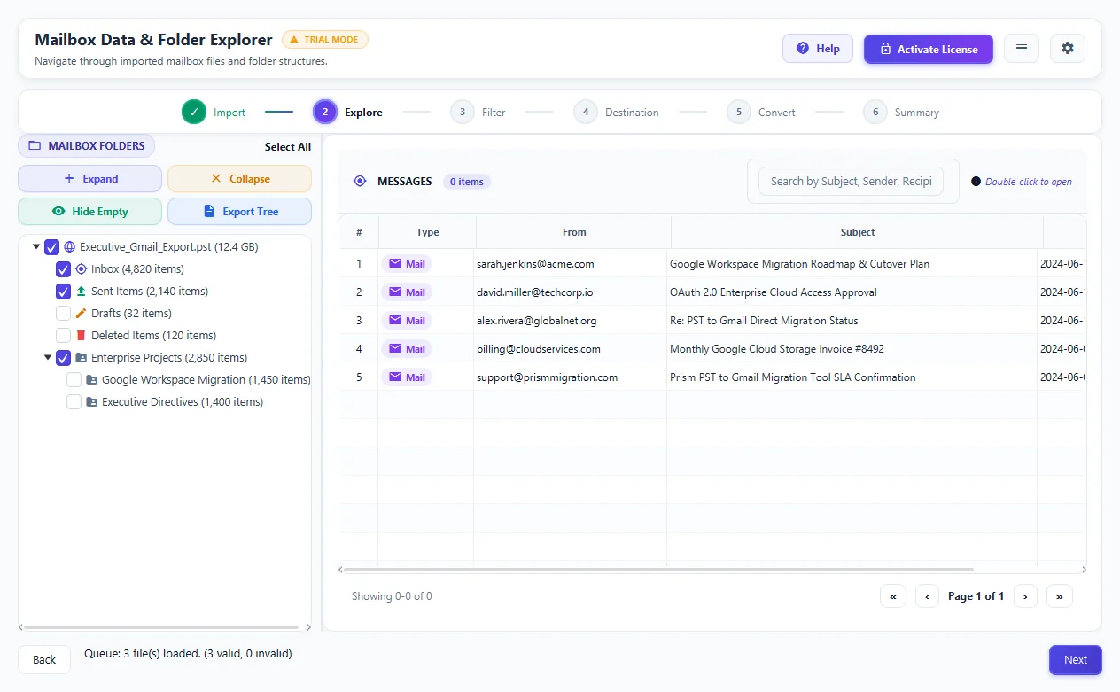 Step 02: Preview Folders & Emails — PST to Gmail Migration Tool Interface Walkthrough
