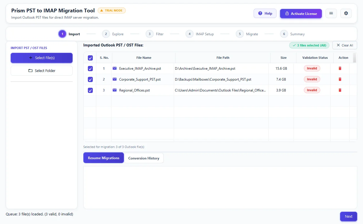 Step 01: Add IMAP Files or Folder — PST to IMAP Migration Tool Interface Walkthrough