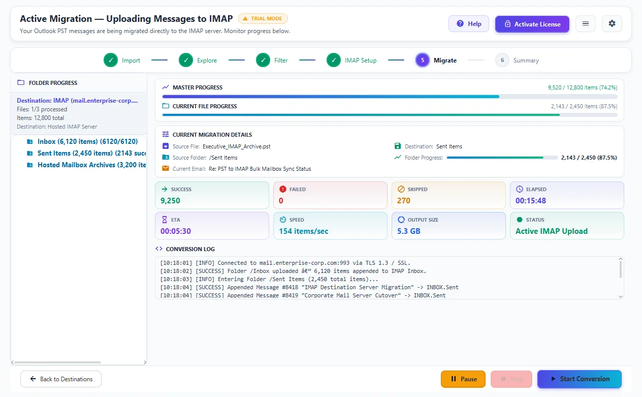 Step 05: Start Conversion — PST to IMAP Migration Tool Interface Walkthrough