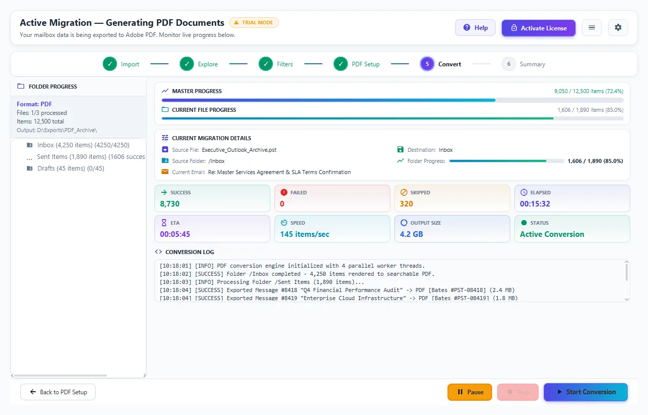 Step 05: Multi-Threaded Conversion & Live Telemetry — PST to PDF Converter Interface Walkthrough
