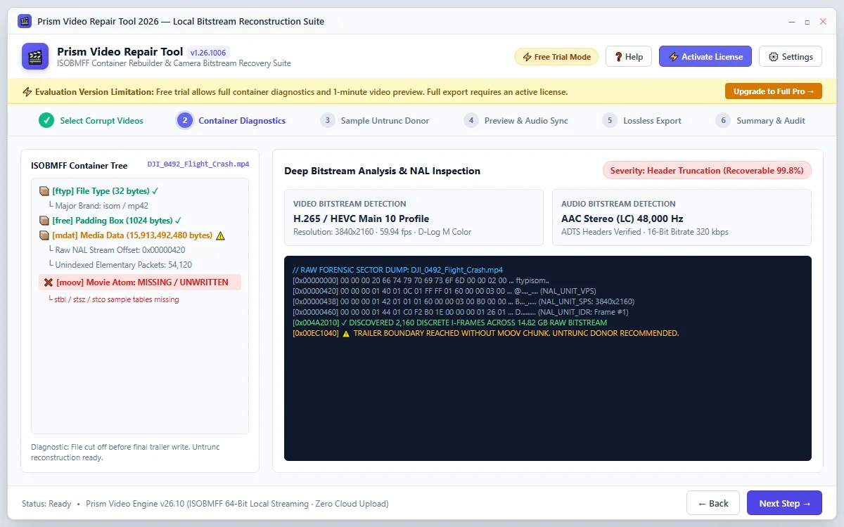 Step 02: Deep Container Diagnostics & Analysis — Video Repair Tool Interface Walkthrough