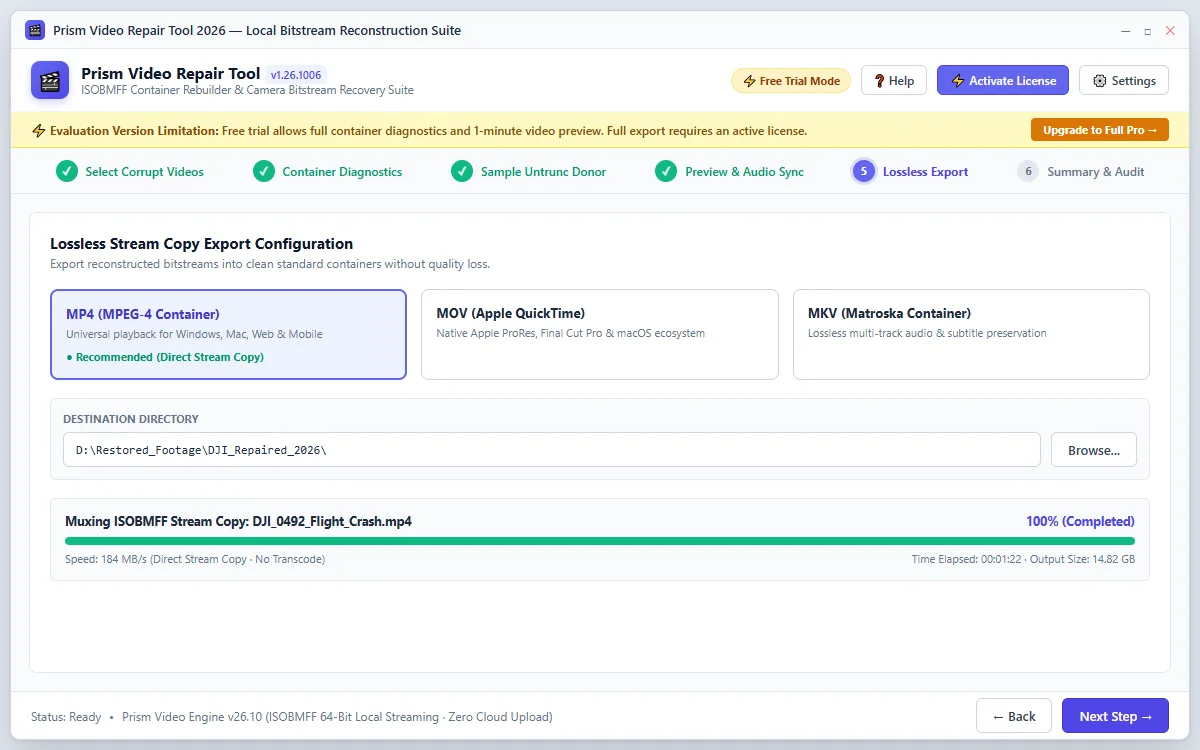 Step 05: Lossless Stream Copy Export — Video Repair Tool Interface Walkthrough