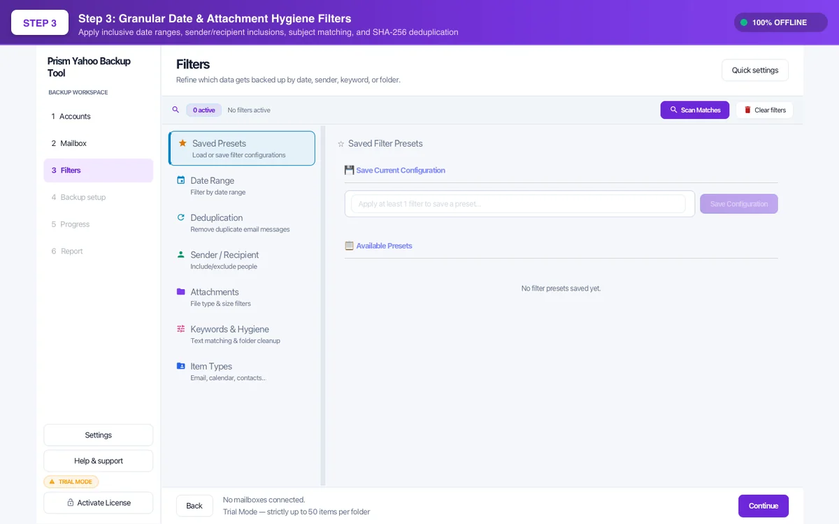 Step 03: Apply Optional Filters — Yahoo Backup Tool Interface Walkthrough